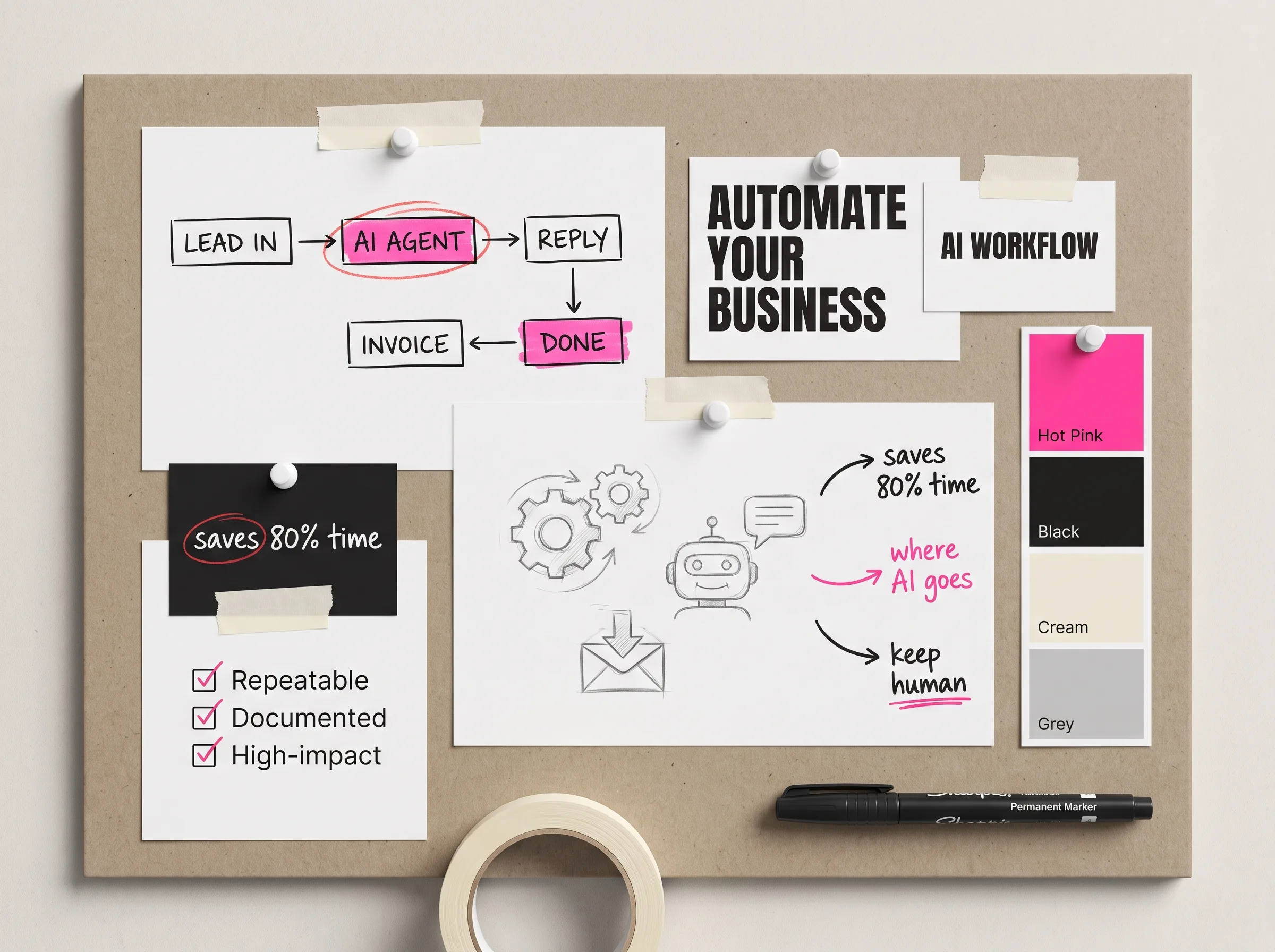 A strategy board mapping out how to automate a business with AI — a LEAD IN to AI AGENT to REPLY to INVOICE to DONE workflow, sketches, and notes.